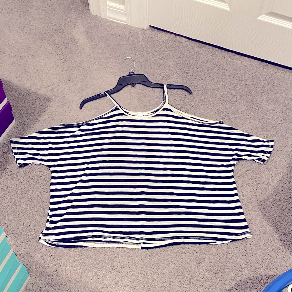 Navy Striped Cold Shoulder Tee